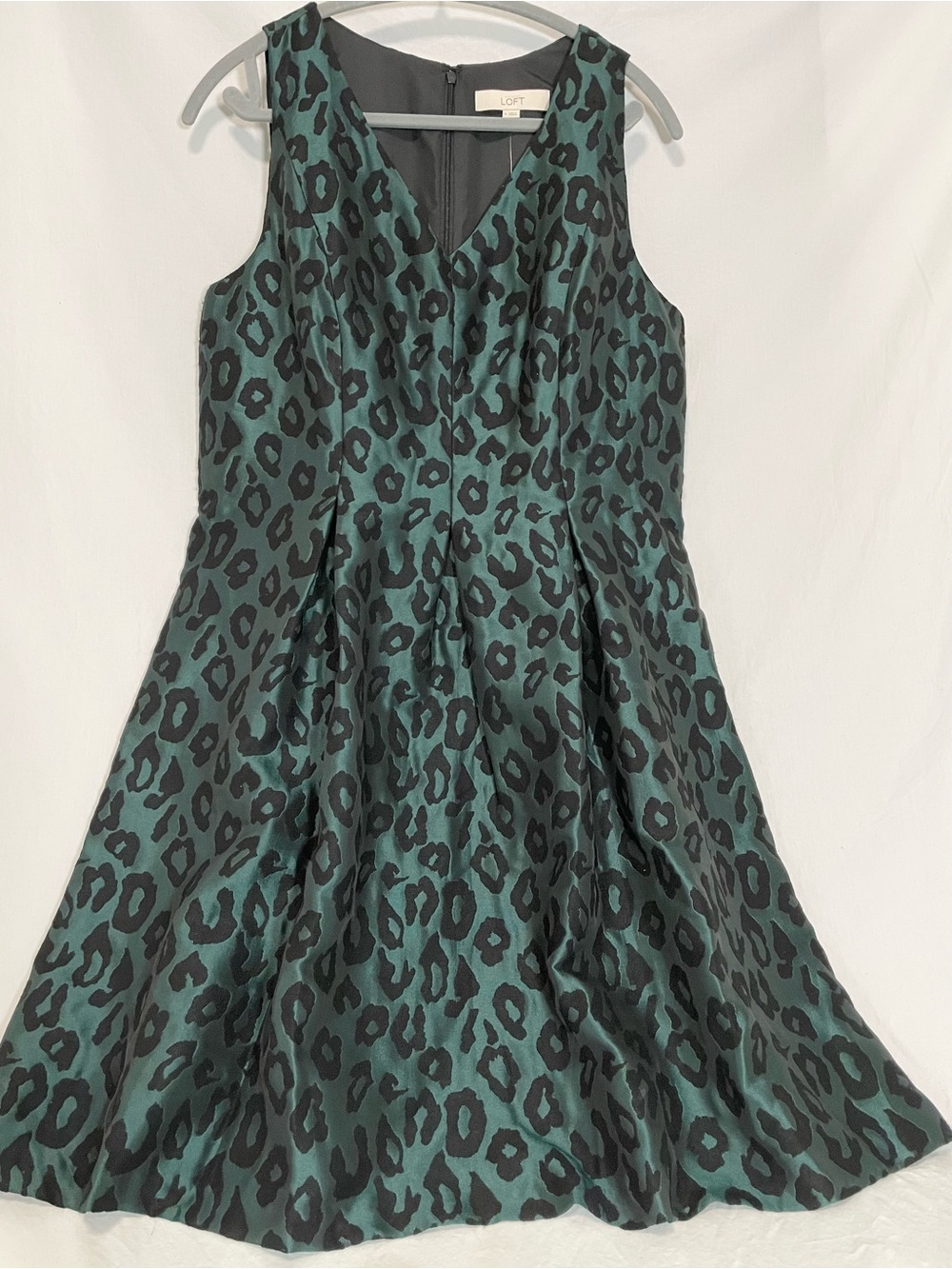 LOFT Emerald Green & Black Leopard Print Jacquard Fit & Flare Dress, Sz 14, NWT